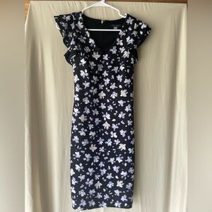 Tommy Hilfiger White and Blue Sheath Midi Dress V-Neck Cap Sleeve